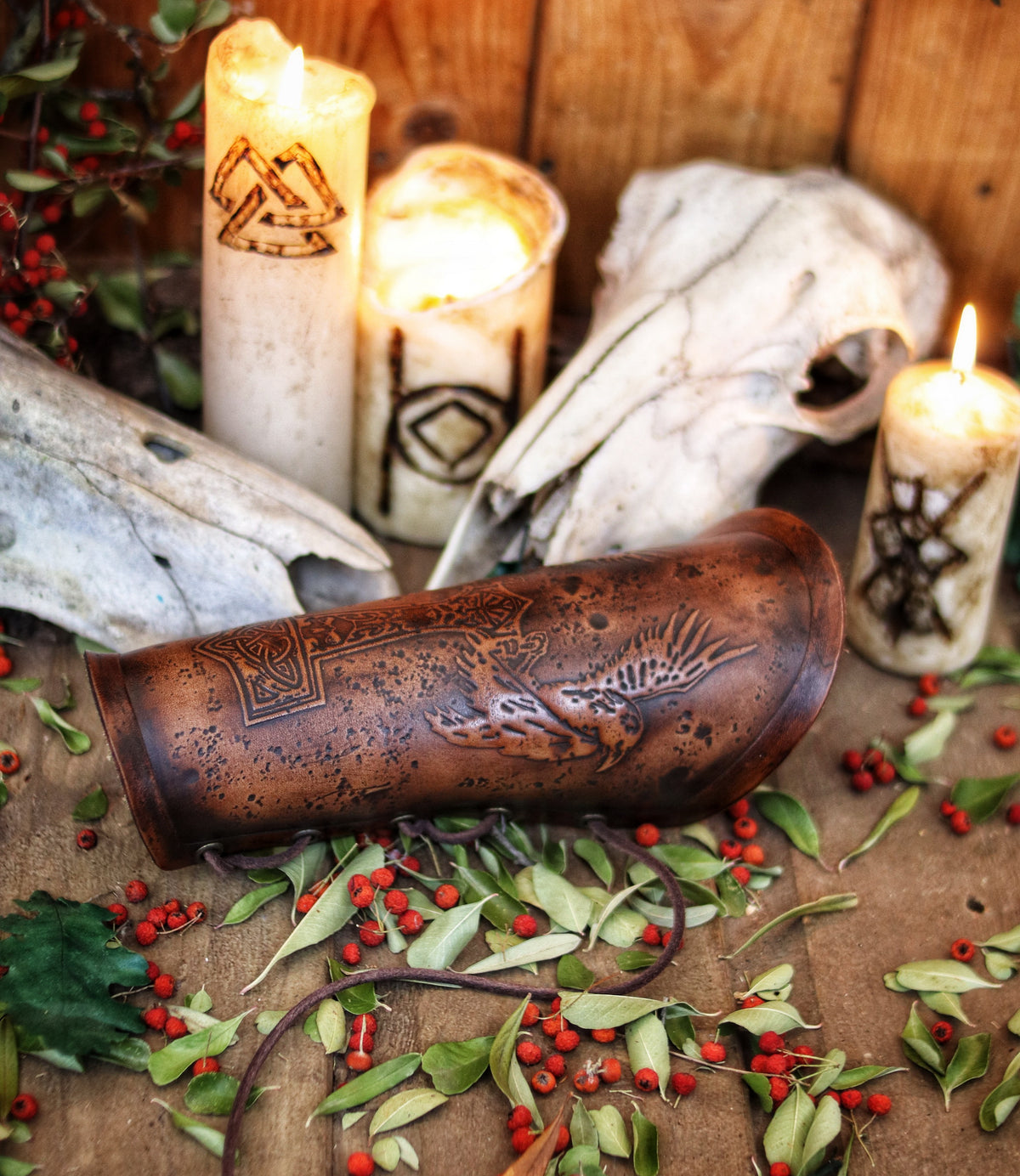 Viking bracer Thor's hammer Mjolnir and Odin's crows Hugin & Munin Viking leather bracer for larps or cosplay leather armor