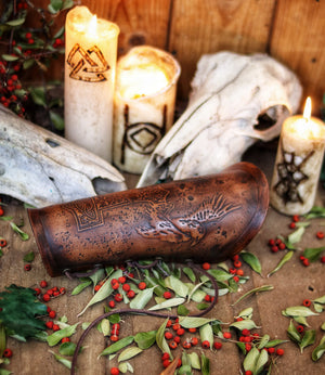 Viking bracer Thor's hammer Mjolnir and Odin's crows Hugin & Munin Viking leather bracer for larps or cosplay leather armor
