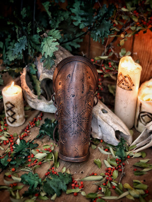 Viking leather bracer Vegvisir & Drakar symbol vambrace for larps cosplay high-quality full-grain vegetable tanned leather embossed armor
