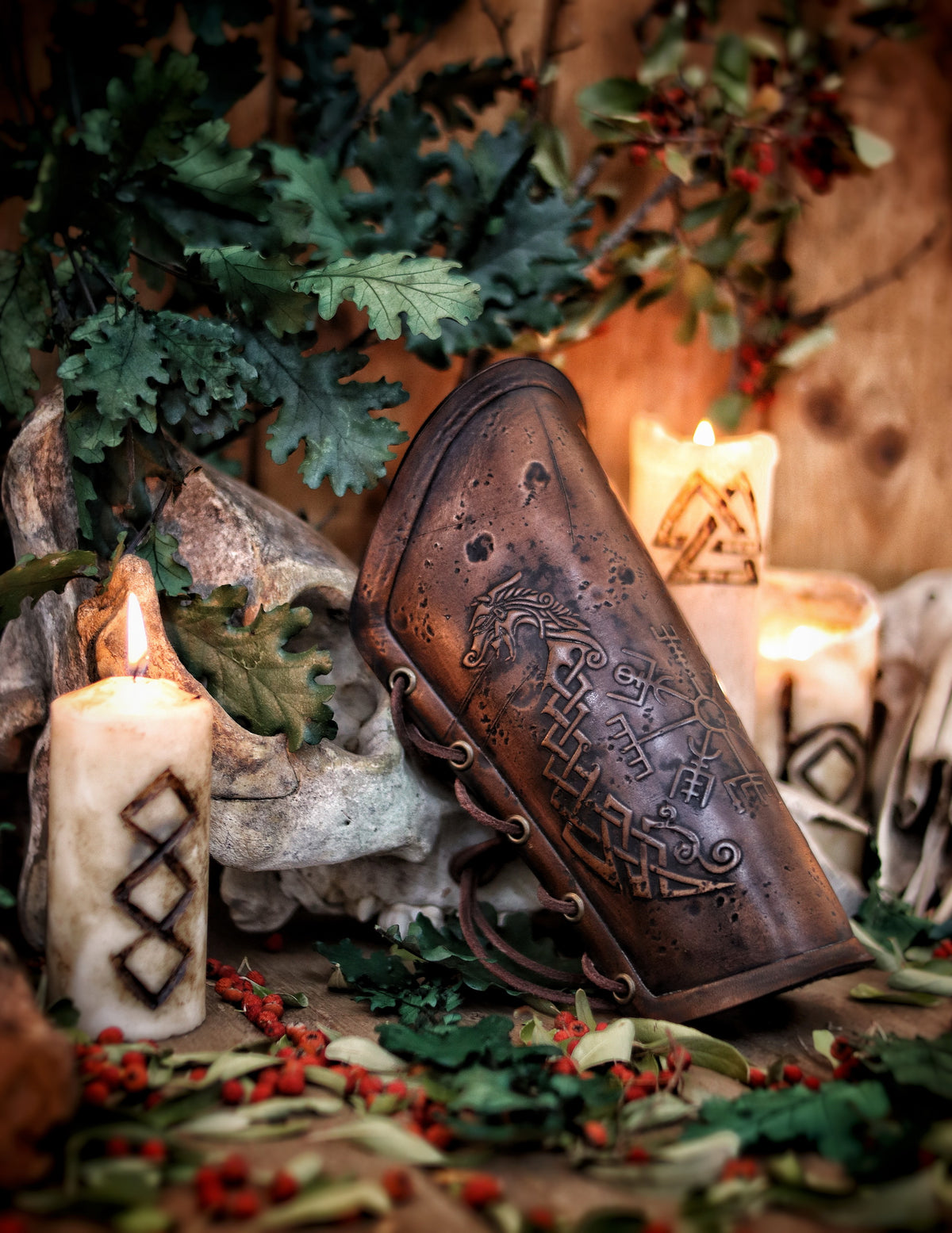 Viking leather bracer Vegvisir & Drakar symbol vambrace for larps cosplay high-quality full-grain vegetable tanned leather embossed armor