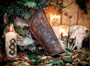 Viking leather bracer Vegvisir & Drakar symbol vambrace for larps cosplay high-quality full-grain vegetable tanned leather embossed armor