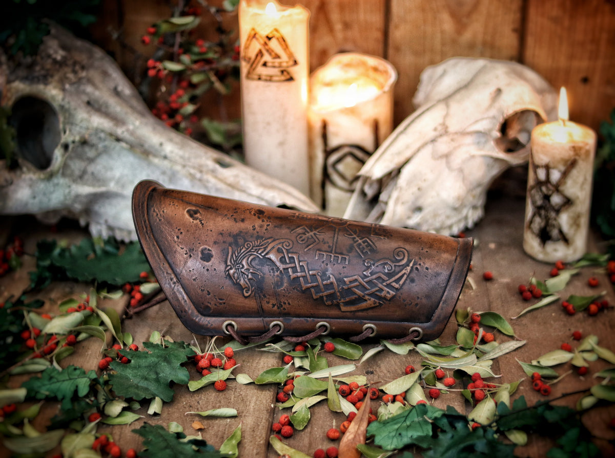 Viking leather bracer Vegvisir & Drakar symbol vambrace for larps cosplay high-quality full-grain vegetable tanned leather embossed armor
