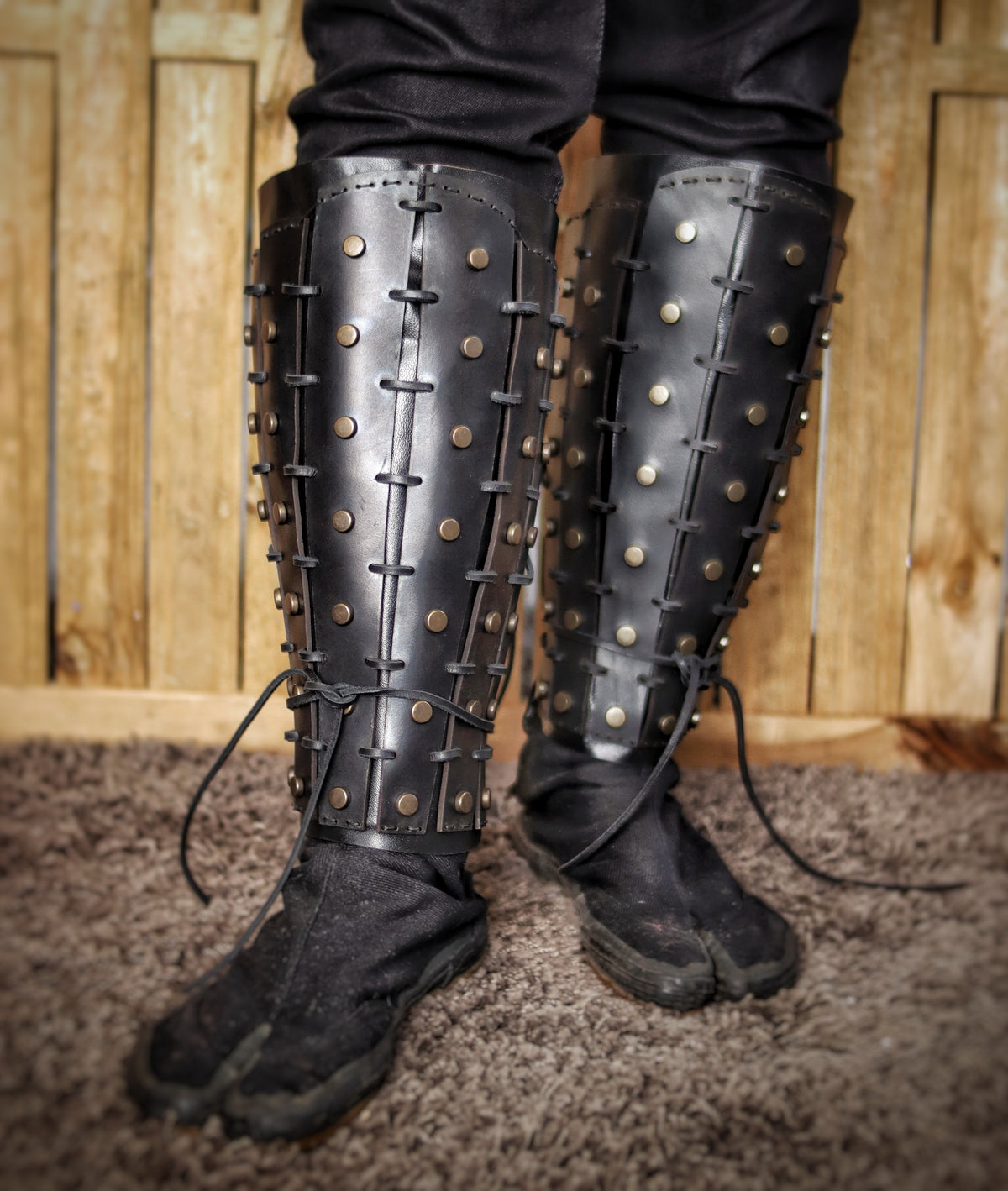 Samurai Leather Greaves for LARP Cosplay or Renaissance Fair Studded Shin Armor Fantasy Warrior Leg Guards Handmade Medieval Costume Piece