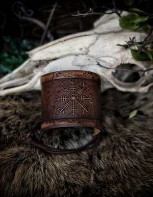 Aegishjalmur Leather Wristband, Galdrastafir Viking Cuff,  Ægishjálmr Icelandic rune Helm of Awe leather embossed bracelet, LARP, cosplay