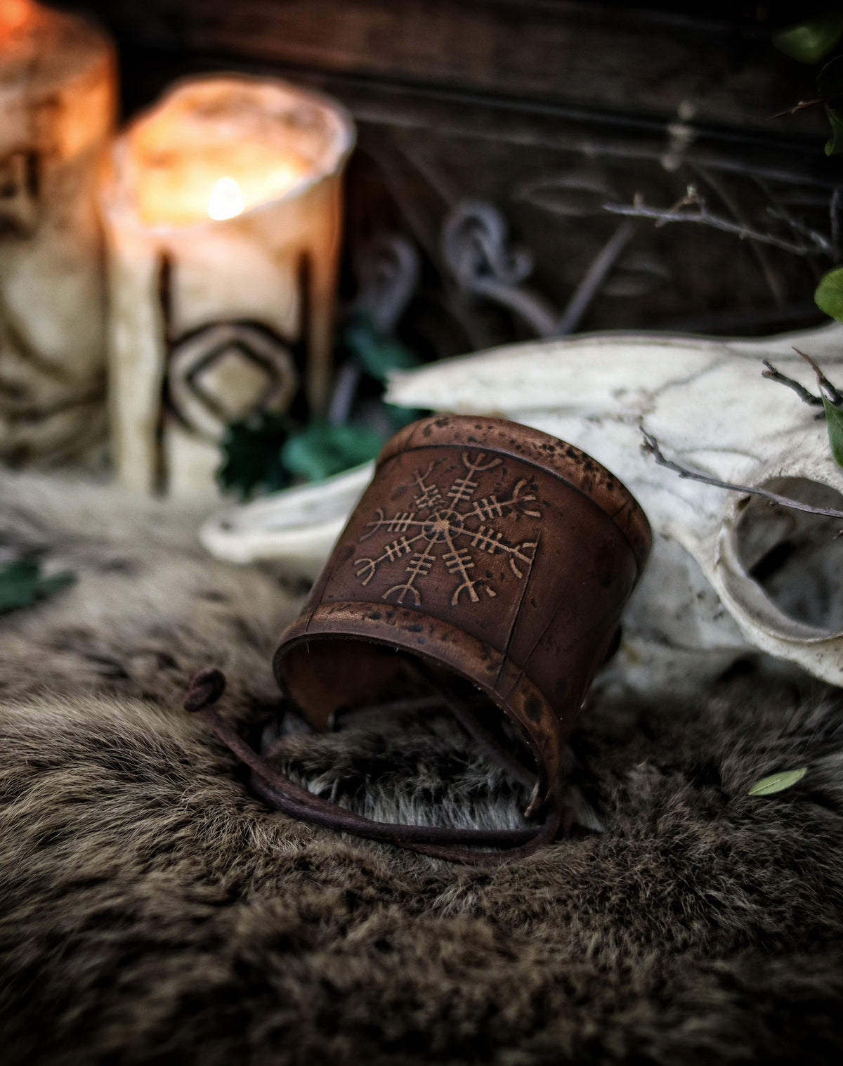 Aegishjalmur Leather Wristband, Galdrastafir Viking Cuff,  Ægishjálmr Icelandic rune Helm of Awe leather embossed bracelet, LARP, cosplay