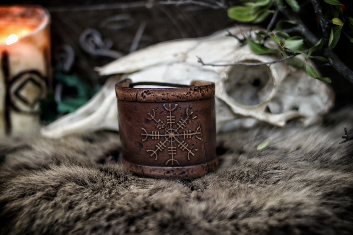 Aegishjalmur Leather Wristband, Galdrastafir Viking Cuff,  Ægishjálmr Icelandic rune Helm of Awe leather embossed bracelet, LARP, cosplay
