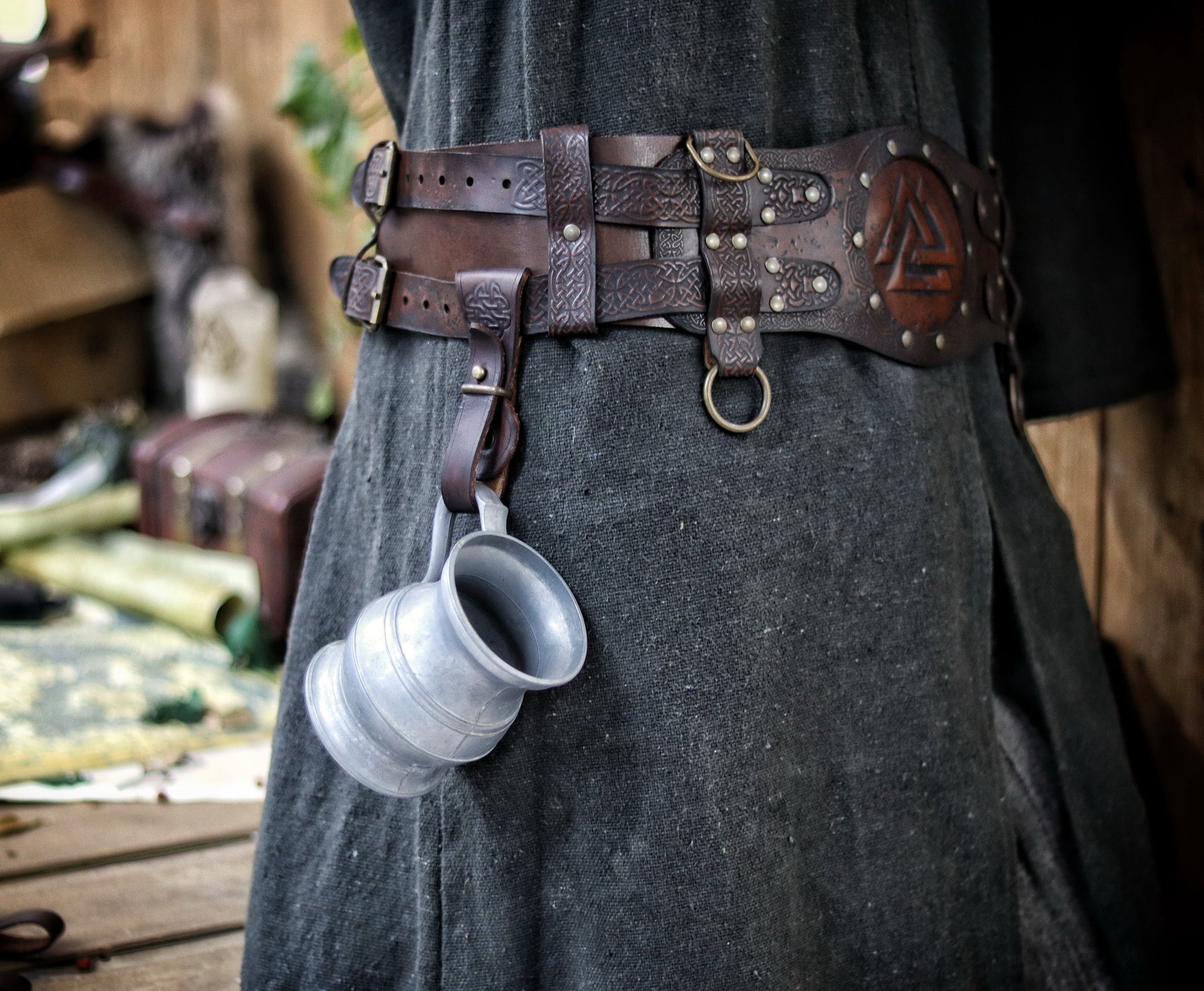 Medieval Leather Tankard Strap: Renaissance Faire Belt up to 6 cm or 2,4 inches. Accessory for Viking Cosplay, LARP, and Celtic Costumes