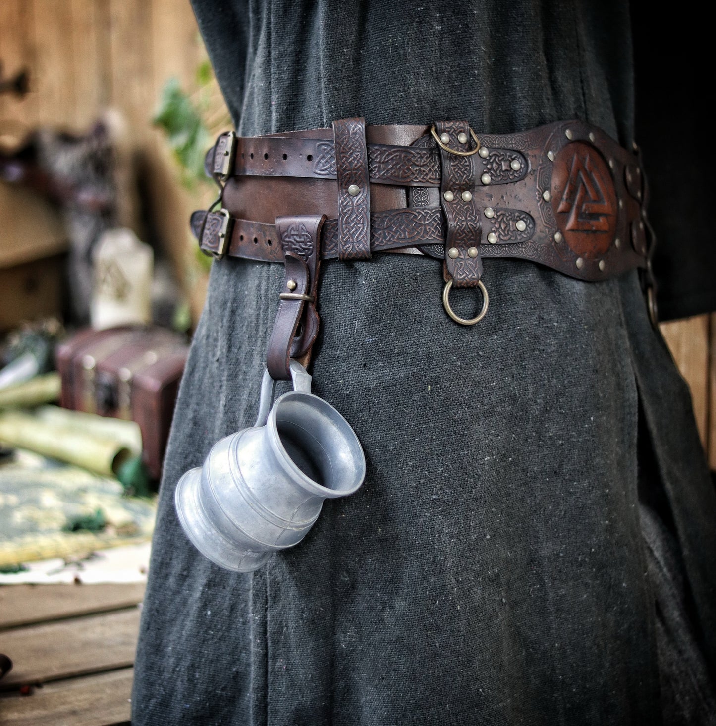 Medieval Leather Tankard Strap: Renaissance Faire Belt up to 6 cm or 2,4 inches. Accessory for Viking Cosplay, LARP, and Celtic Costumes