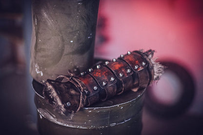 Dystopian Leather & Steel Bracer: Post-Apocalyptic Arm Guard for Wasteland Cosplay and LARP