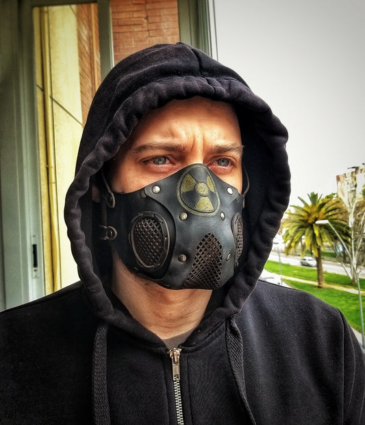Leather Face Mask with filter pocket Radioactive ready for use with disposable face masks, Paper towel or filter changeable washable mask