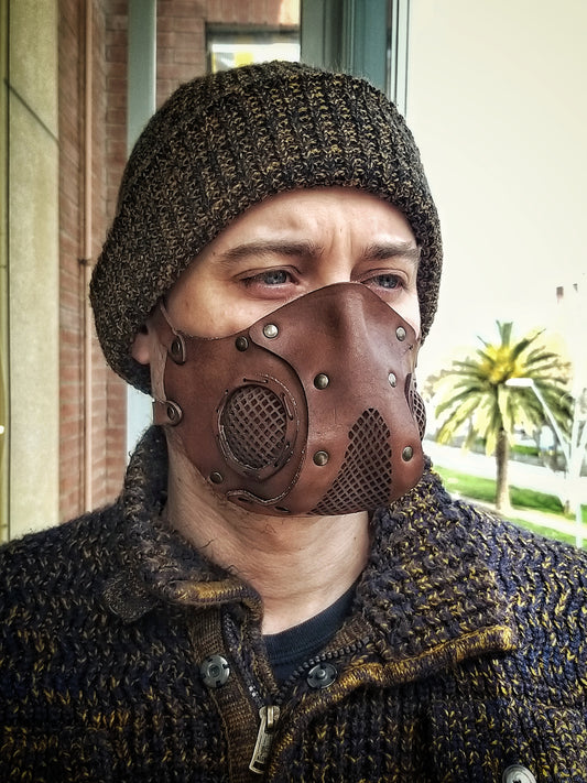 Leather Face Mask with filter pocket ready for use with disposable face masks, Paper towel or filter changeable insert washable mask. Wasteland Face Mask Respirator.