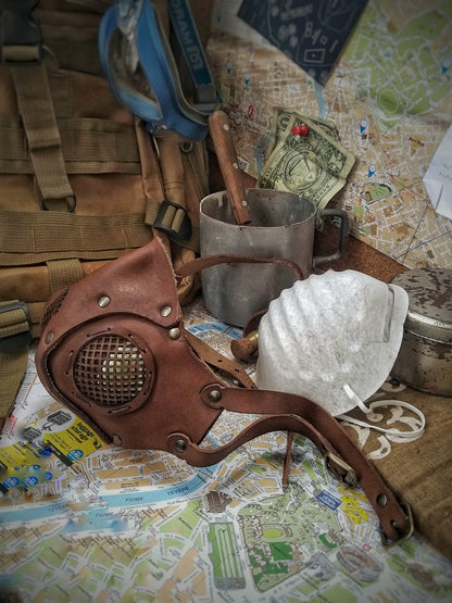Leather Face Mask with filter pocket ready for use with disposable face masks, Paper towel or filter changeable insert washable mask. Wasteland Face Mask Respirator.