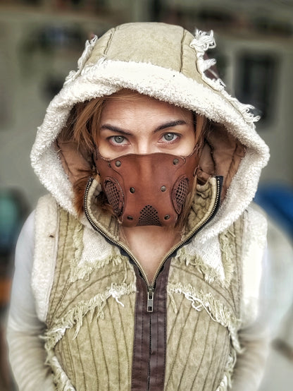 Leather Face Mask with filter pocket ready for use with disposable face masks, Paper towel or filter changeable insert washable mask. Wasteland Face Mask Respirator.