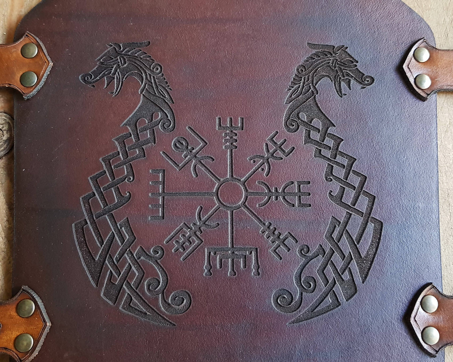 Drakkar and Vegvisir symbol Viking leather vambrace.