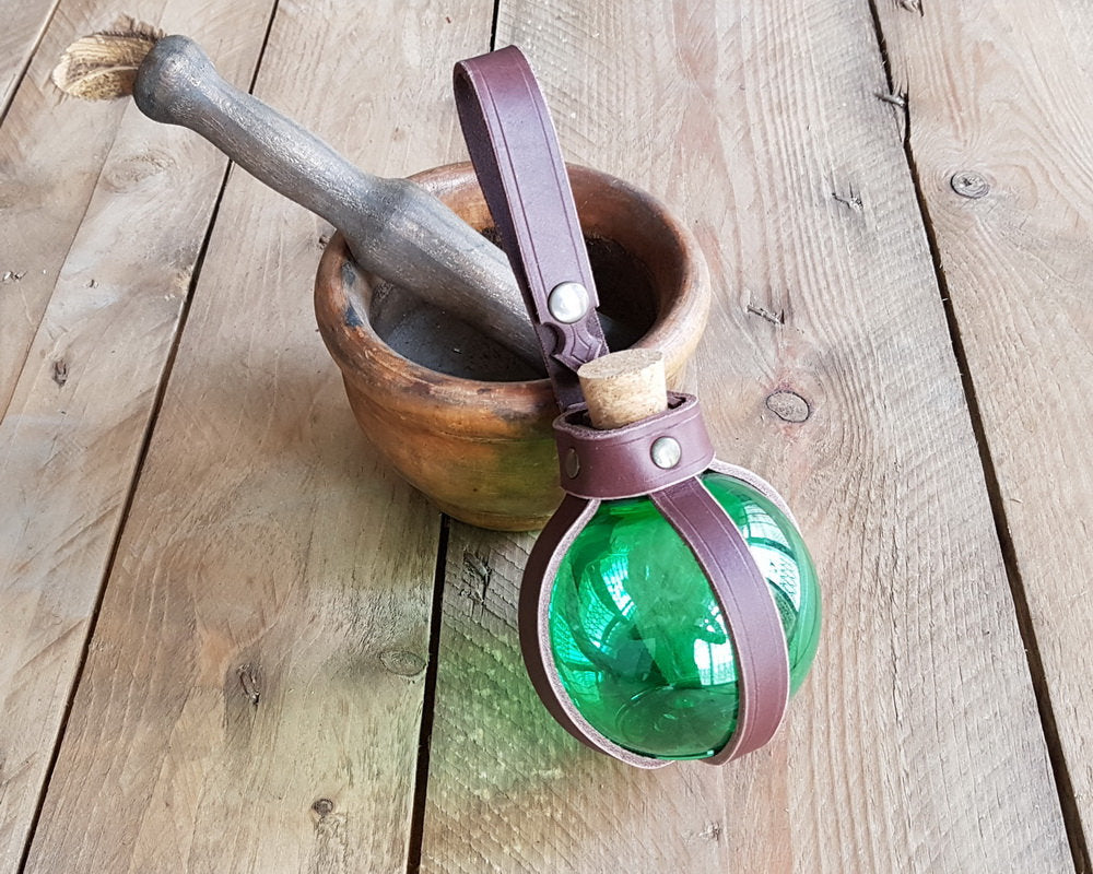 Green Potion Bottle with Leather Holder