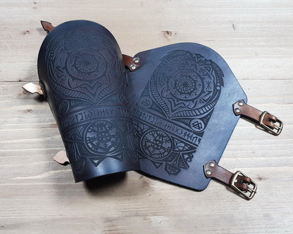 Black Sun and Vegvisir symbol Viking leather vambrace.